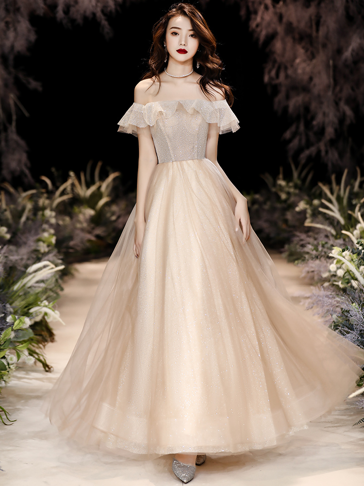 Sparkling champagne tulle sequins prom dress