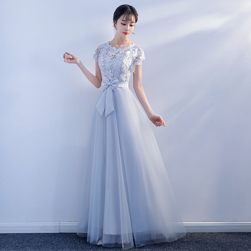 Gray tulle lace long prom dress evening dress