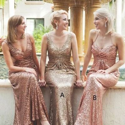 Elegant mermaid v neck sequins long bridesmaid dresses, blush bridesmaid gowns - Thumbnail 4