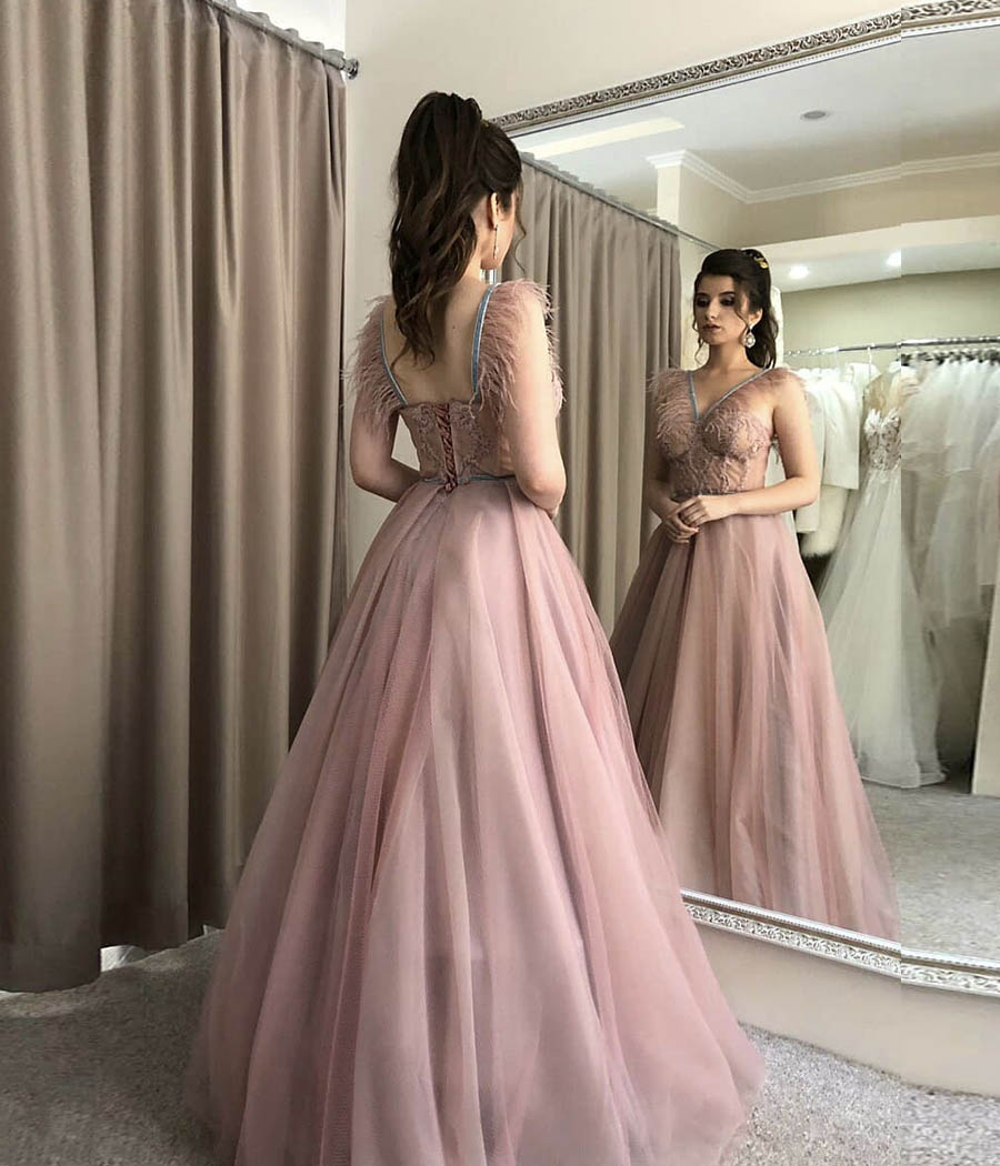 Stylish tulle long prom dress pink evening dress