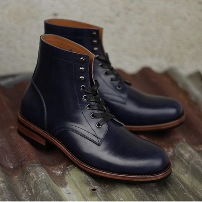 Handmade Men’s Ankle High Leather Boots, Men’s Navy Blue Derby Lace Up Boot
