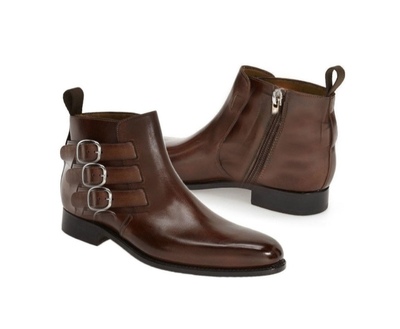 Handmade Men’s Brown Leather Boots, Men Triple Monk Strap Side Zipper Dress Boot