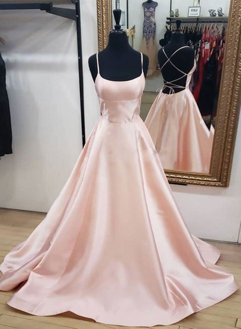 Pink satin long prom dress formal dress