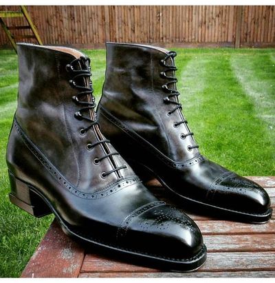 Men Handmade Black Leather Cap Toe Boots Formal Brogue Lace Up Shoes