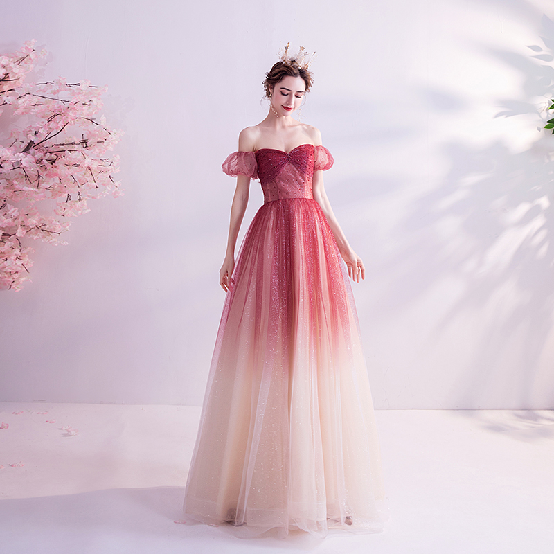 Burgundy tulle long prom dress evening dress