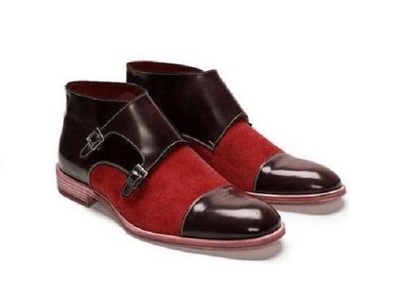 Men’s Handmade Chocolate Brown & Red Leather Suede Boots, Men’s Cap Toe Double Monk Ankle Boots