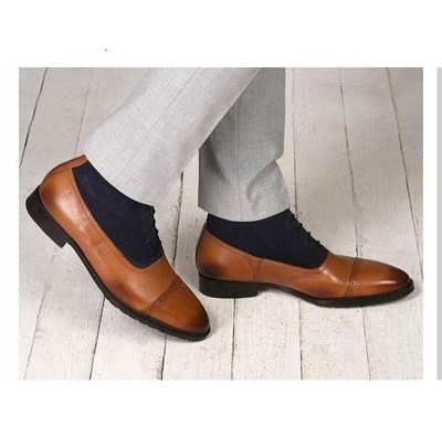 Men’s Handmade Navy Blue & Tan Ankle High Leather Suede Boots, Men’s Cap Toe Lace Up Boots