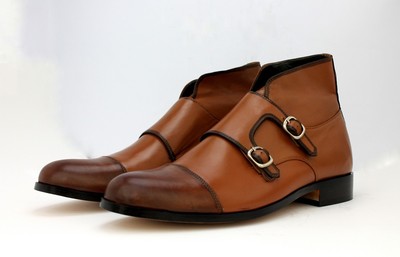 Handmade Men's Double Monk Leather Boots, Men Ankle High Designer Custom Boots