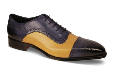 New Handmade Men French Blue Mustard Oxford Burnish Cap-Toe Shoes