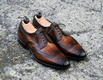 Decent Handmade Brown Black Wing Tip Gorgeous Looking Formal Lace Up Shoes For Men