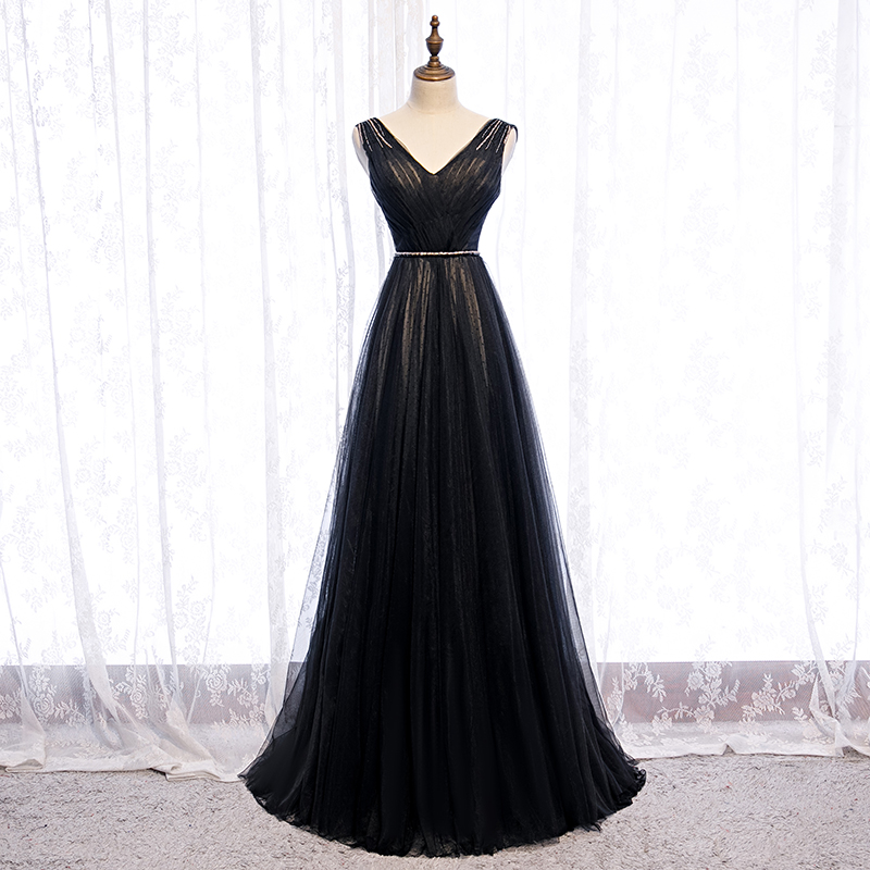 Black tulle long prom dress formal dress