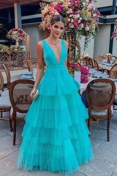 Cake Dresses Lake Blue V Neck Evening Dresses
