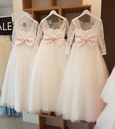 Cute Long Sleeves Lace Tulle Flower Girl Dresses for Wedding Party with Bow