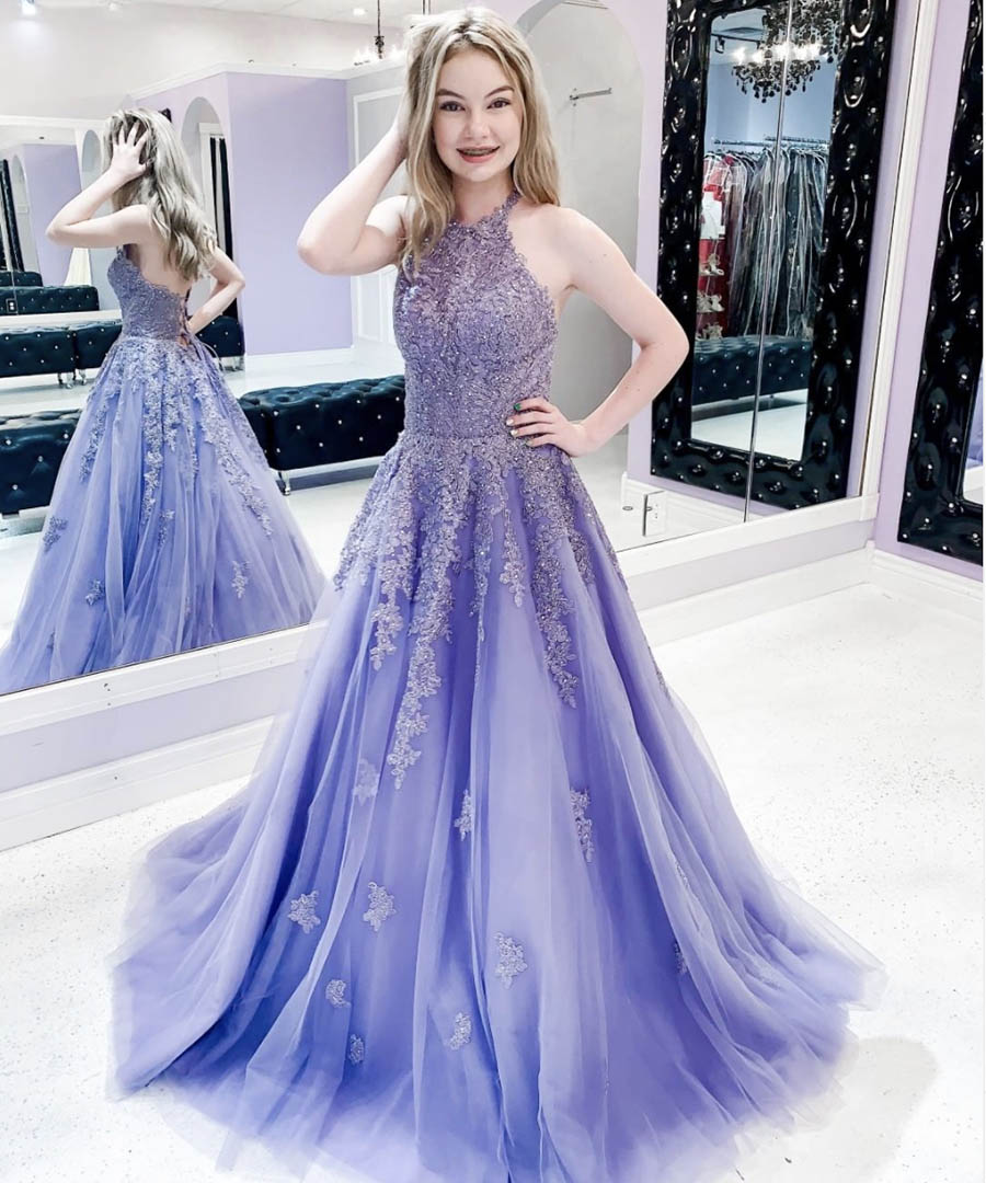 Purple tulle lace long prom dress evening dress