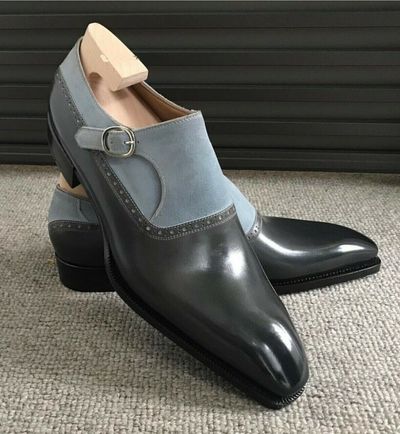 Handmade monk strap shoes, men leather and suede shoes, dress formal shoes mens