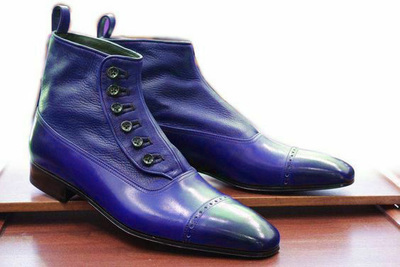 Hand Made Blue Leather Cap Toe Button Dress Formal Ankle Boot