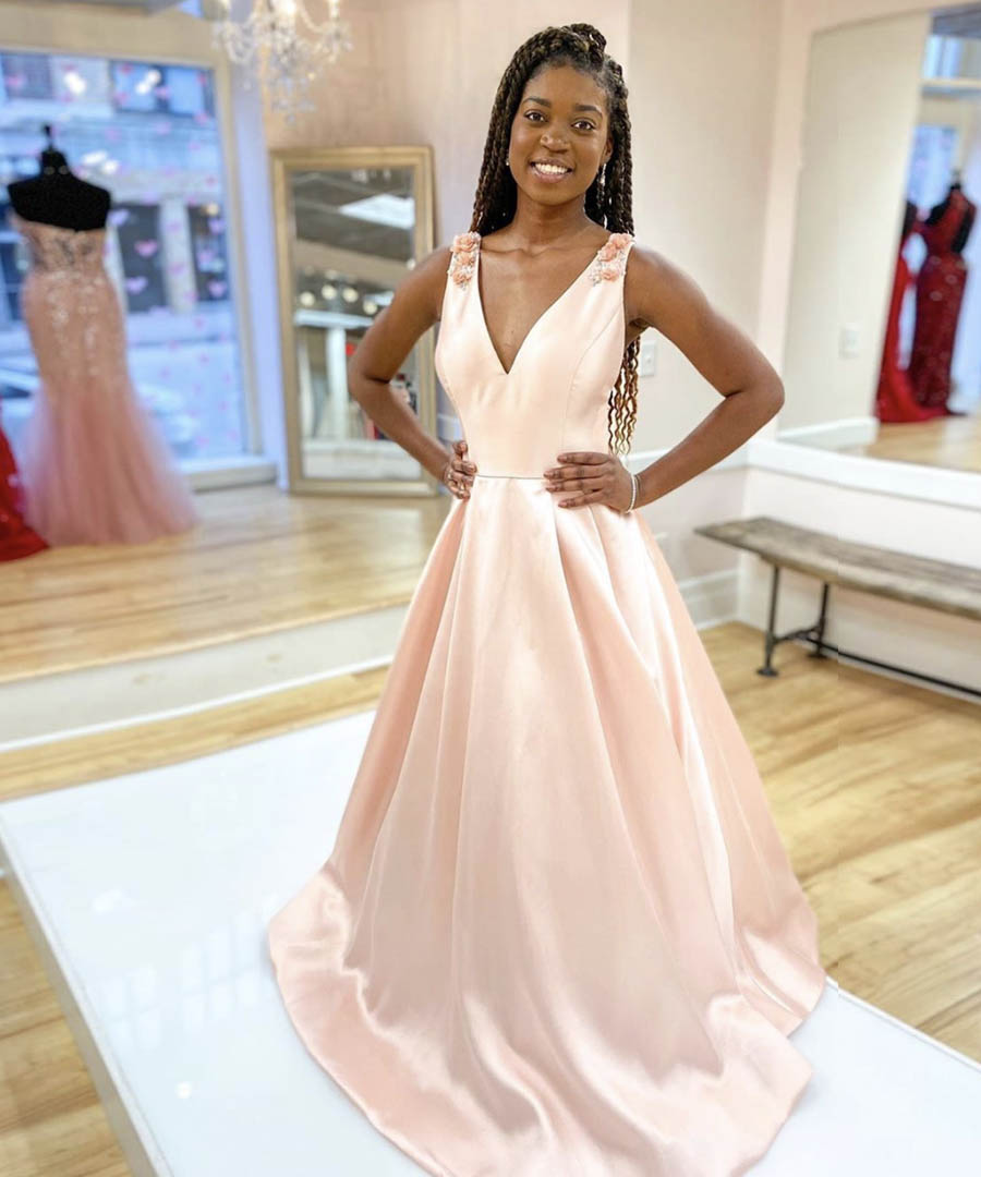 Pink v neck satin long prom dress evening dress