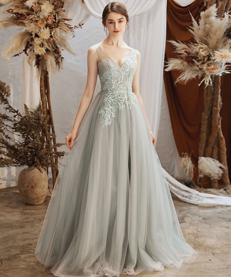 Gray tulle lace long prom dress evening dress