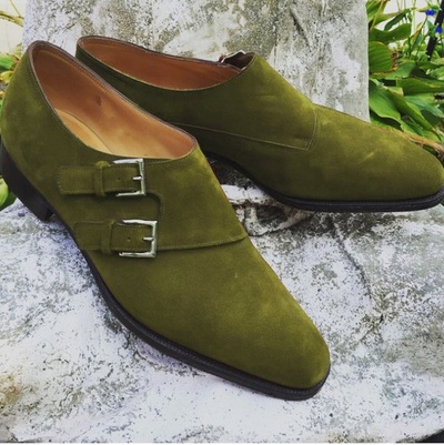 New Stylish Men Olive Green Suede Double Monk Strap Handmade Formal Dress Shoes