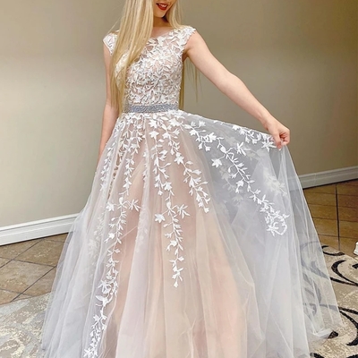 Backless champagne lace prom dresses, open back long champagne lace wedding dresses - Thumbnail 4