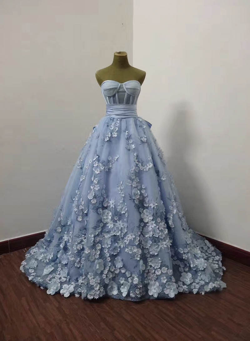 Blue tulle applique long prom dress evening dress