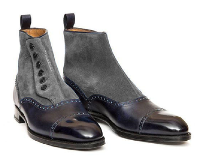 Men Button Blue Gray Suede Leather Ankle High Boot