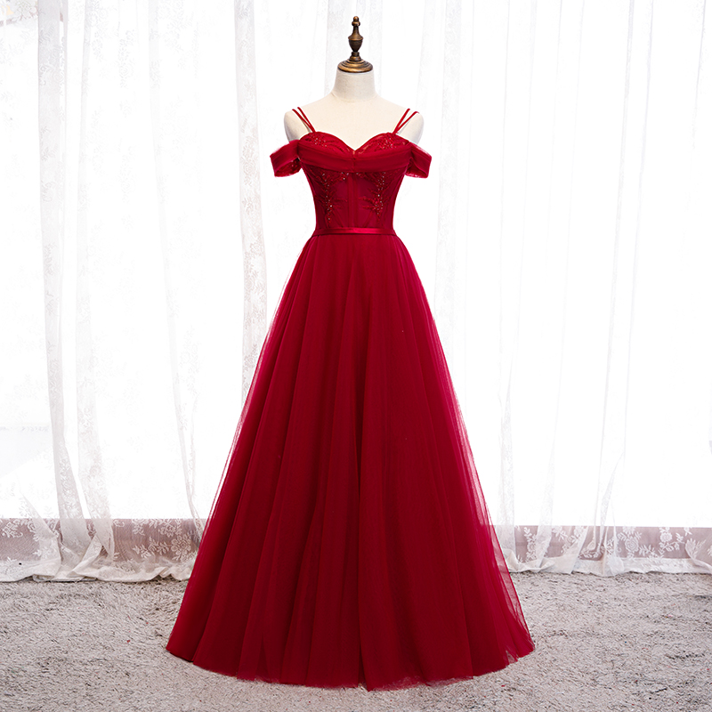 Burgundy tulle long prom dress evening dress