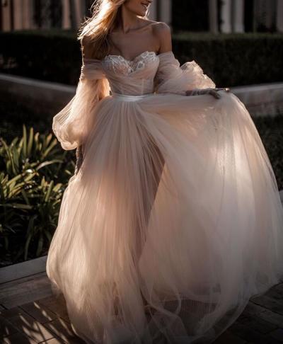 Charming Off the Shoulder Tulle Wedding Dresses,Long Sleeves Bridal Dresses,Lace Wedding Dresses,476