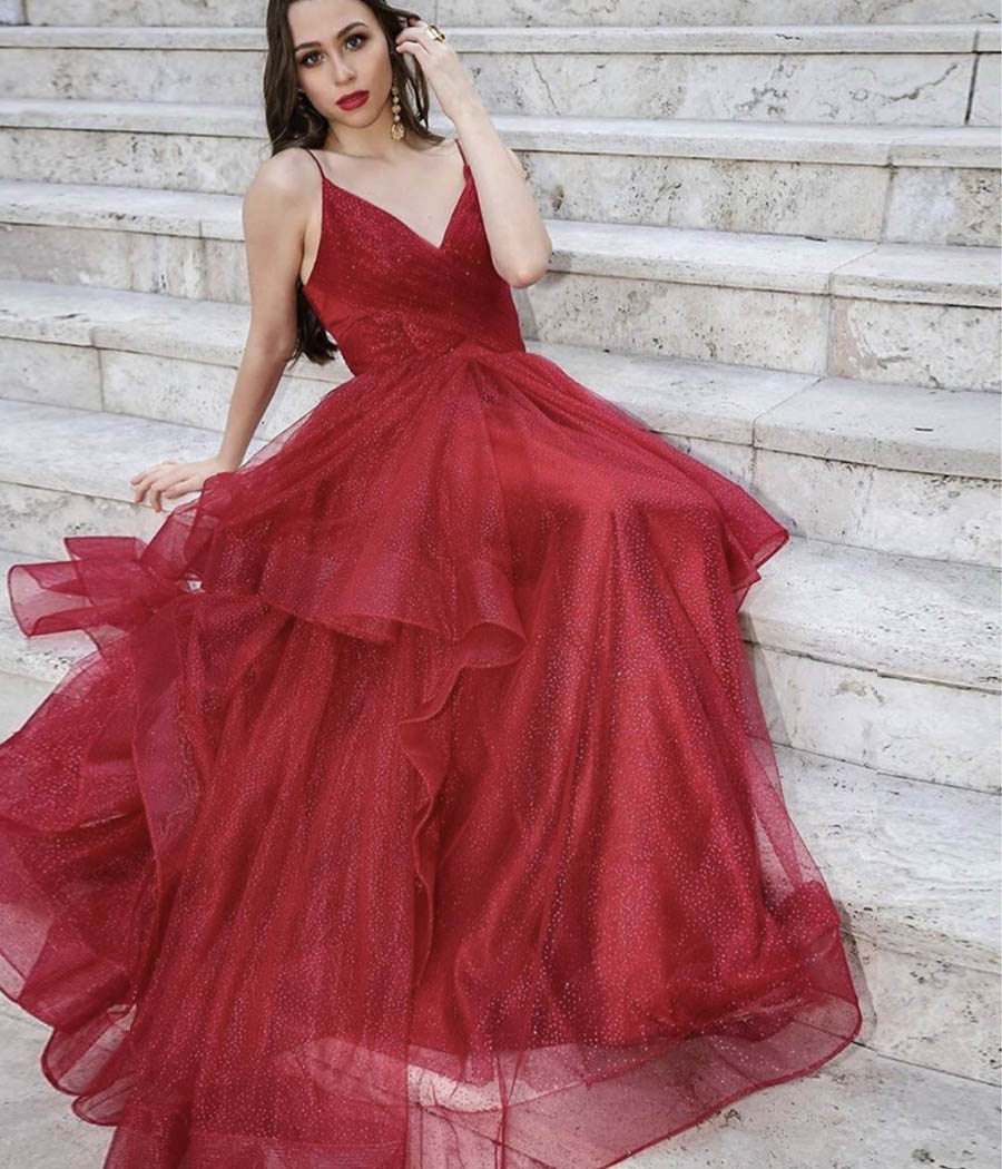 Burgundy tulle long prom gown evening dress