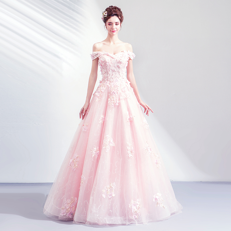 Pink tulle lace long prom gown formal dress