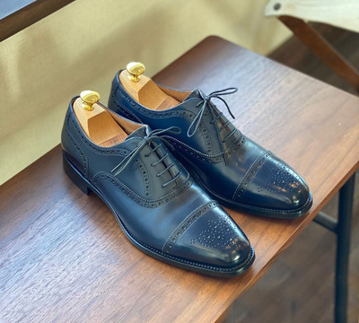 Handmade Men Oxford Navy Blue Brogue, Dress Formal Bespoke Shoes