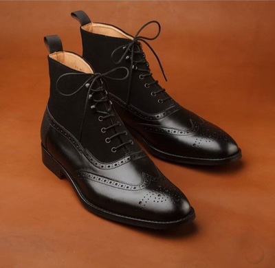 Stylish Handmade Men's Dark Brown Lace Up Wing Tip Brogue Leather & Suede Boots