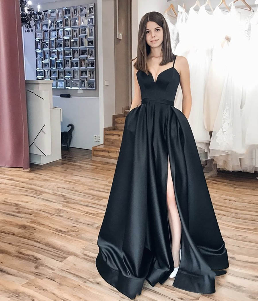 Black satin long prom dress evening dress