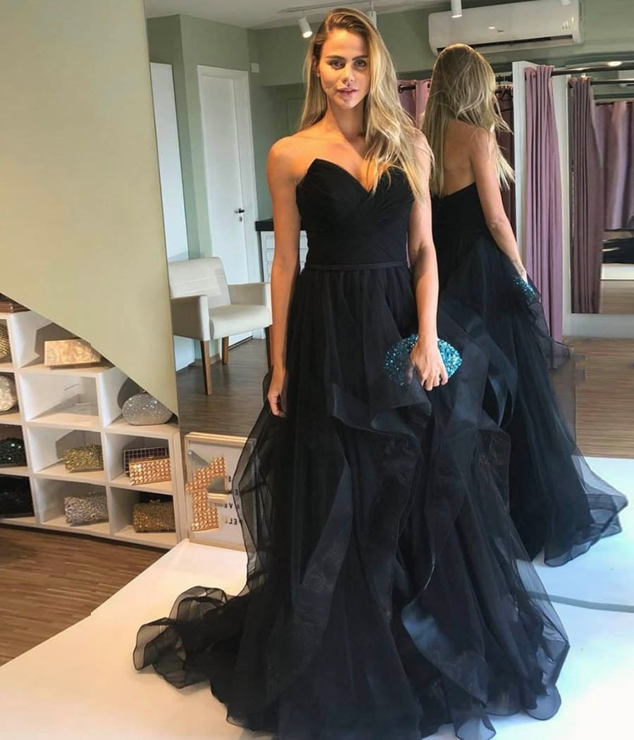 Black tulle long prom dress black evening dress