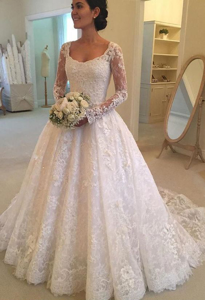 Gorgeous Long Sleeves Ball Gown Lace Wedding Gowns, Bride Dresses with Beading
