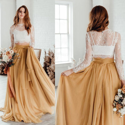 Fairy two piece long sleeves lace gold chiffon wedding gowns, wedding dresses - Thumbnail 5