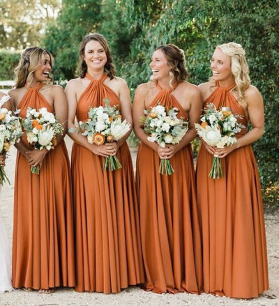 Elegant A Line Dark Orange Halter Bridesmaid Dresses For Wedding