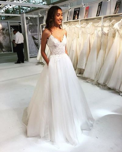 Fairy Ball Gown V Neck Lace White Wedding Dresses with Pockets, Bride Dresses