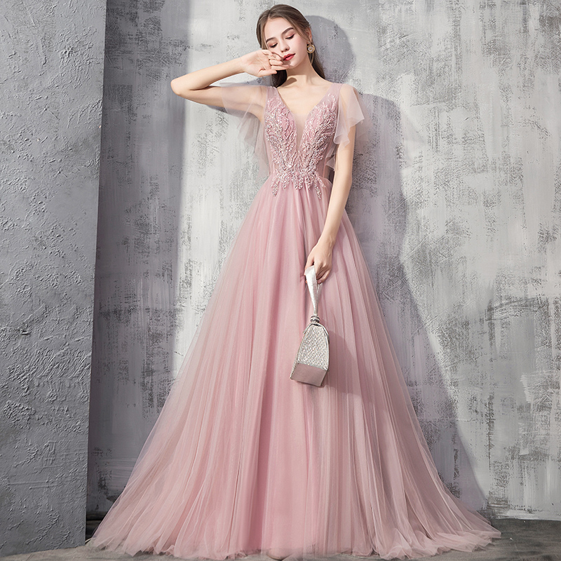 Pink v neck tulle long prom dress party dress