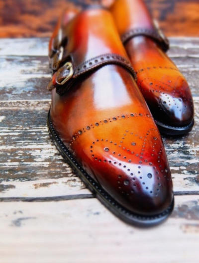 Latest Stylish Handmade Tan Brown Customize Oxford Triple Monk Strap Anniversary Shoes In Genuine Leather
