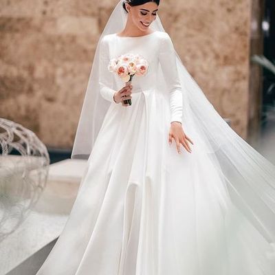 Retro satin long sleeves wedding gowns, church ball gown white satin wedding dresses - Thumbnail 4