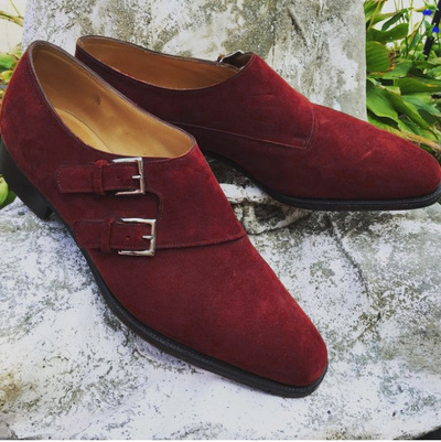 Unique Trendy Handmade Red Double Monk Party Wear Formal Shoes In Genuine Suede