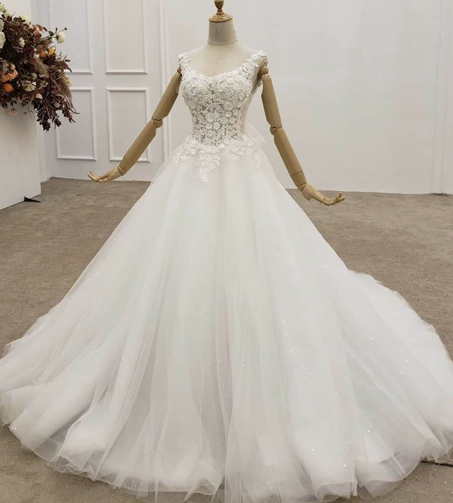 White tulle lace long prom gown formal dress