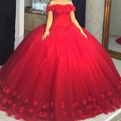 Off the shoulder ball gown prom dresses birthday gown with handmadeflowers - Thumbnail 5
