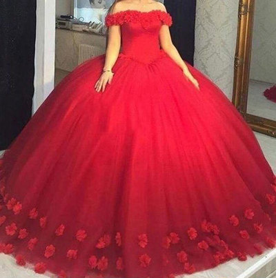 Off the Shoulder Ball Gown Prom Dresses Birthday Gown with HandmadeFlowers