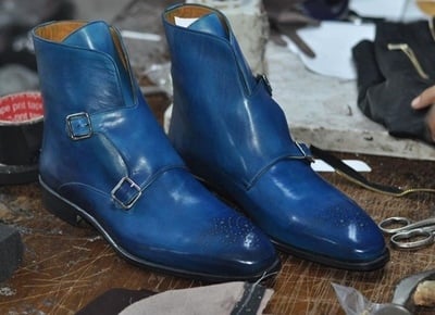 New Handmade Blue Leather Ankle High Boots, Men's Stylish Double Monk Strap Brog