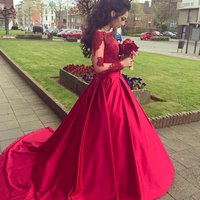 Boat Neck Lace Satin Ball Gown Wedding Dress with Long Sleeves - Thumbnail 1