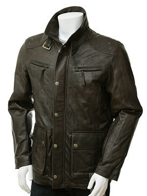 Black Men Biker Jacket With Front Button Closure Belted Collar Leather Pockets