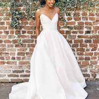 Fashion Ball Gown V Neck Spaghetti Straps White Satin Wedding Dress for Bride with Pockets - Thumbnail 1