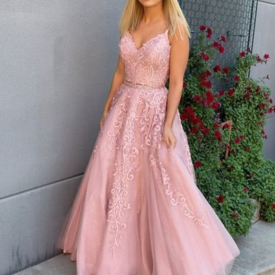 Fashion blush v neck appliques beaded prom dress, party dress - Thumbnail 4